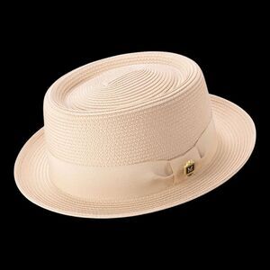 MONTIQUE MEN'S SOLID BEIGE STRAW PORK PIE HAT. H95